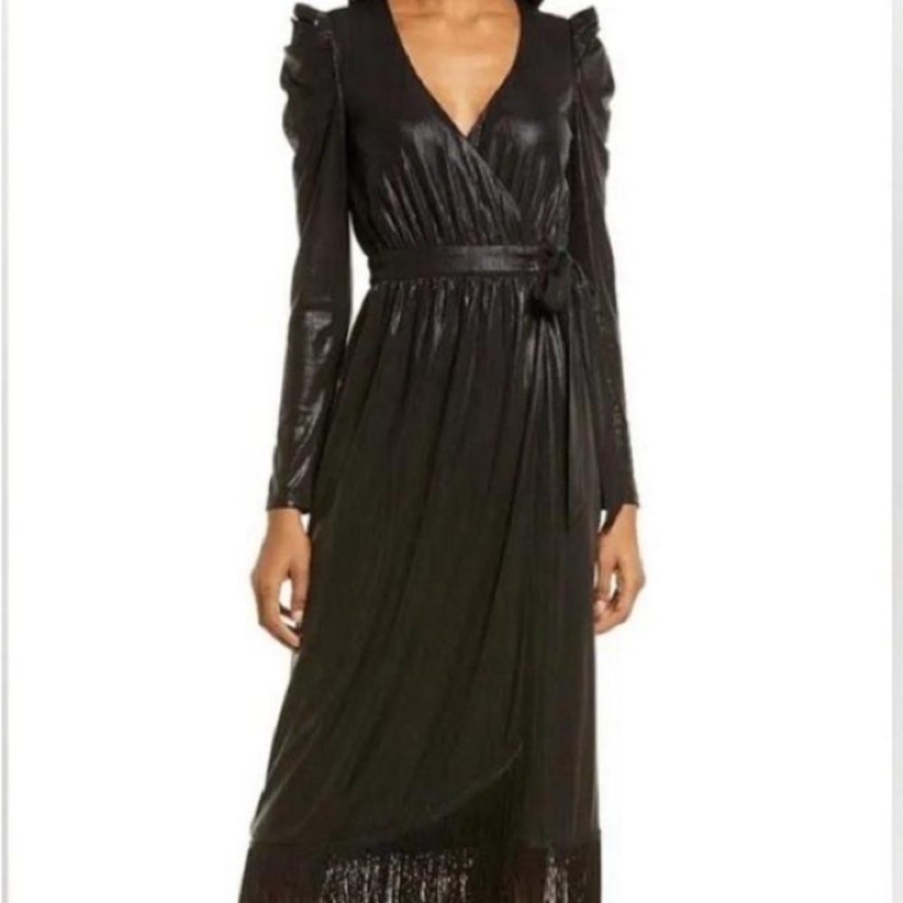 Lulus | Dream Big Metallic Black Puff Sleeve Fringe Wrap Dress